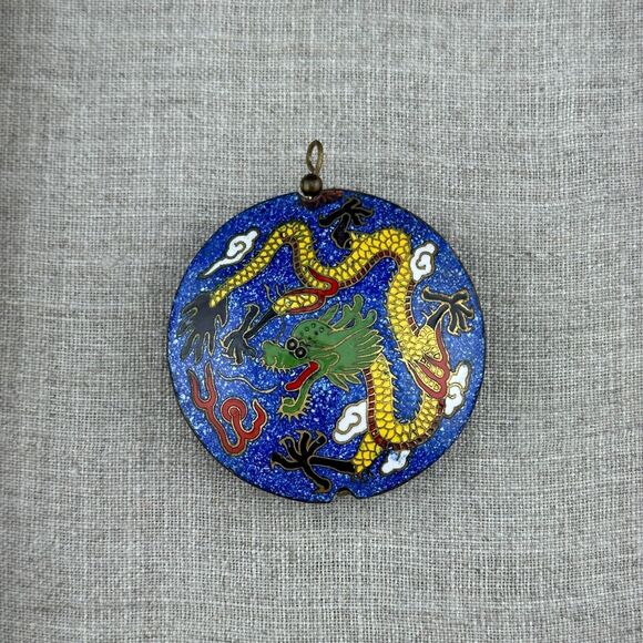 Vintage Round Puffy Double Sided Chinese Dragon Cloisonne Pendant 1.75" Blue - Picture 11 of 13